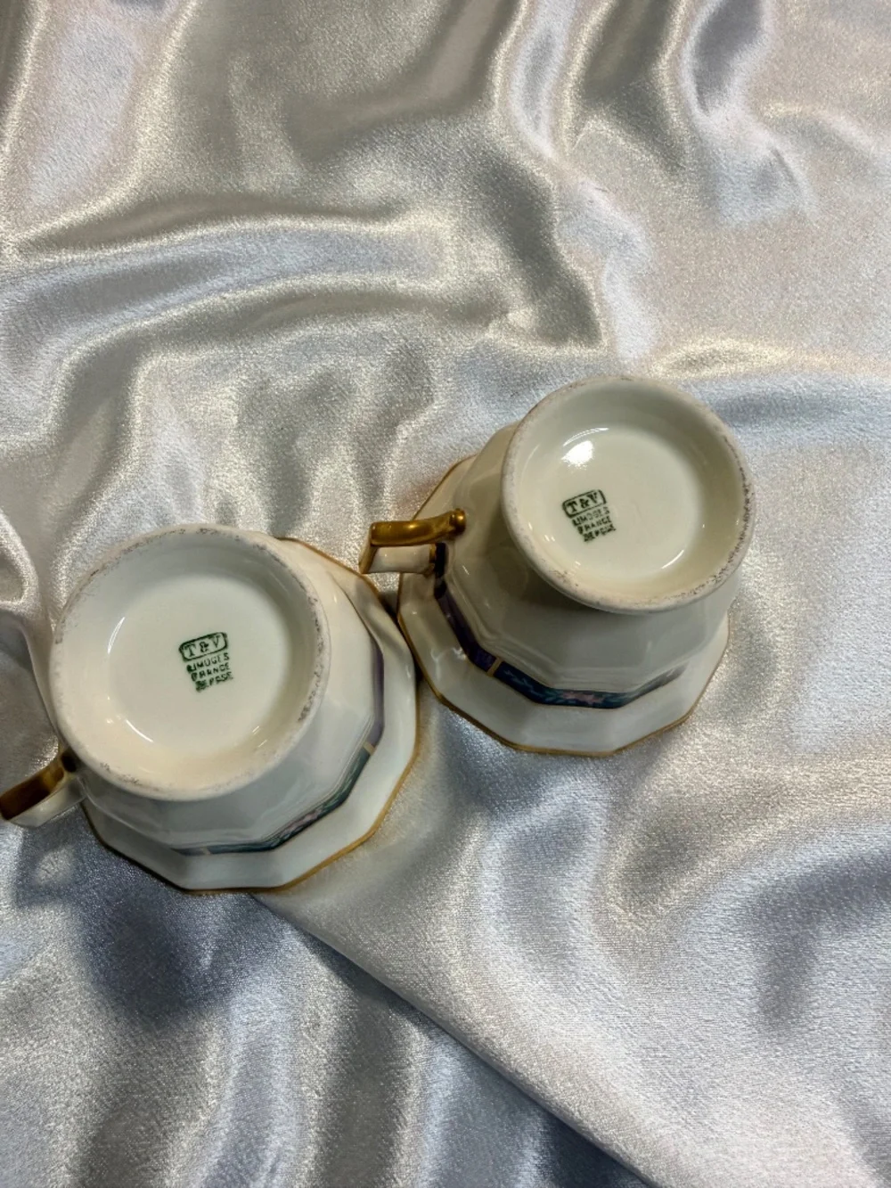 Pair Antique T&V Limoges France Porcelain Tea Cups Floral Gold Trim No Saucers